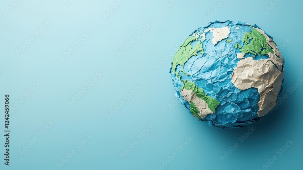 Artistic Representation of a Paper Globe on a Bright Blue Background, Showcasing Continents with a Unique Creased Texture and Creative Design Elements Artistic Representation of a Paper Globe on a Bright Blue Background, Showcasing Continents with a Unique Creased Texture and Creative Design Elements