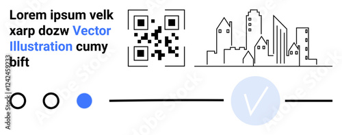 QR code, modern cityscape outline, and interactive elements with dummy text. Ideal for technology, urban development, modern living, scanning, interactive design, business and digital marketing