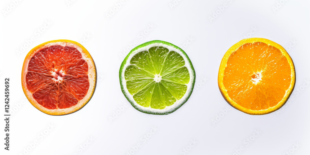 Obraz premium Translucent Citrus Slices – Orange, Lime, and Lemon with Vivid Detail on white background.