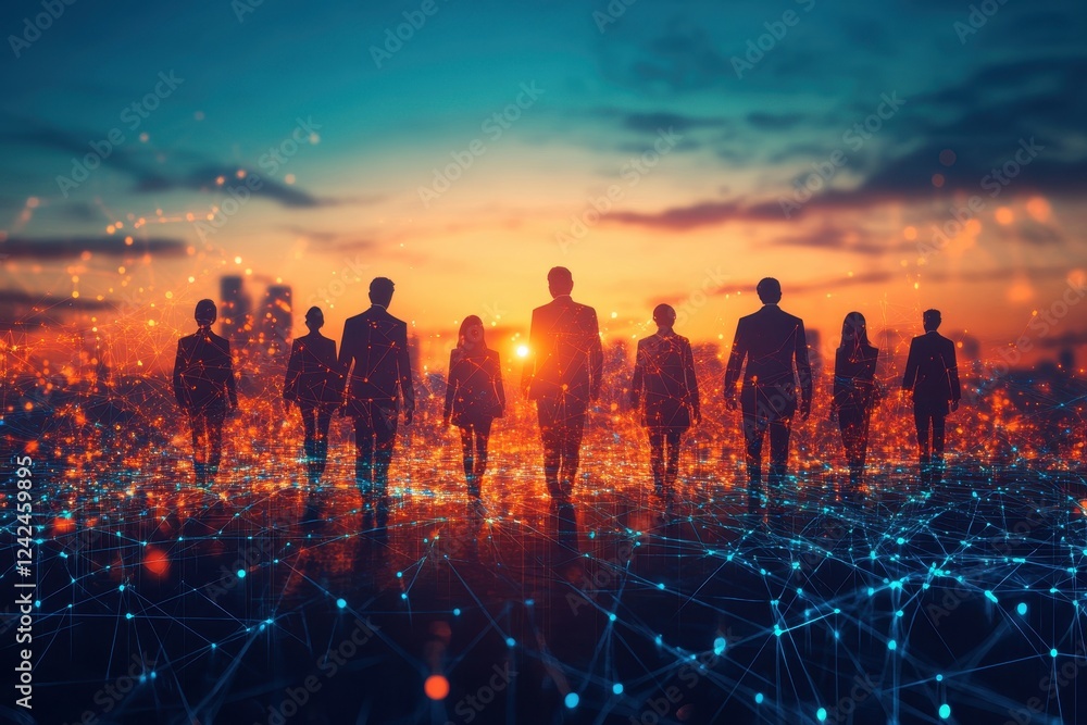 Fototapeta premium Silhouetted businesspeople walk towards sunset, networked city backdrop. Illustrates teamwork, progress, and global connectivity in business.