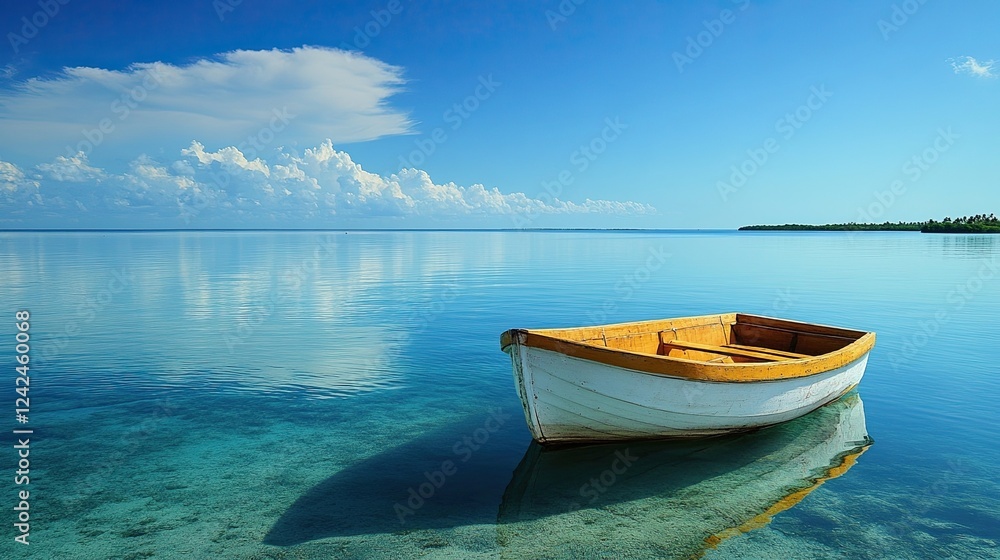 Naklejka premium Boat on the Water with Clear Blue Sky, Ideal for Summer Adventures oe Perfect for Boating Photography, capturing the peaceful nature of boating in a tropical setting