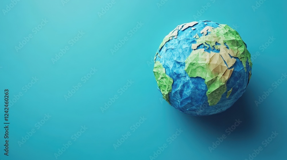 Detailed Paper Craft Globe Isolated on Vibrant Blue Background for Educational and Creative Projects, Suitable for Various Themes and Designs