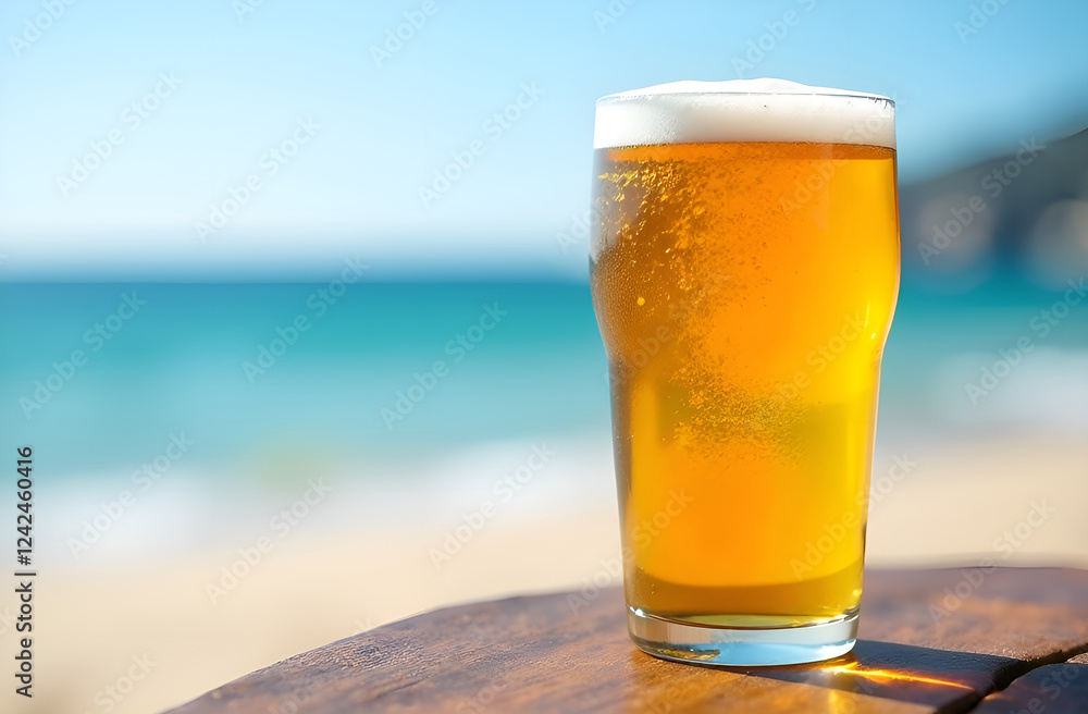 a glass of cold refreshing beer against the backdrop of the beach and blue sea a glass of cold refreshing beer against the backdrop of the beach and blue sea