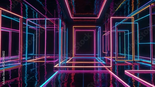 3d render, abstract neon geometric background. Stage laser show illumination. Colorful rectangular shapes, square frames, virtual reality. Glowing neon lines. Minimal futuristic design