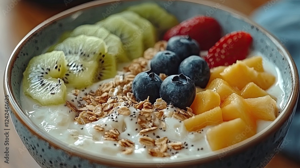 Breakfast Cereal A Bowl of Crunchy Breakfast Cereal with Milk, Fresh Fruit, and a Spoon for a Healthy and Quick Morning Meal to Start Your Day. Breakfast Cereal A Bowl of Crunchy Breakfast Cereal with Milk, Fresh Fruit, and a Spoon for a Healthy and Quick Morning Meal to Start Your Day.