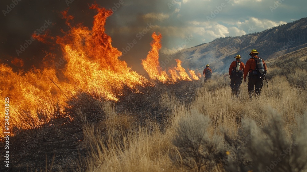 Fototapeta premium Firefighters battle a large wildfire, flames consuming dry brush. Illustrates the dangers and challenges of wildfire suppression.