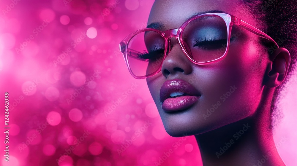 Radiant Beauty: A Fashion Portrait of a Black Woman Wearing Pink Sunglasses Against a Vibrant Pink Background Radiant Beauty: A Fashion Portrait of a Black Woman Wearing Pink Sunglasses Against a Vibrant Pink Background