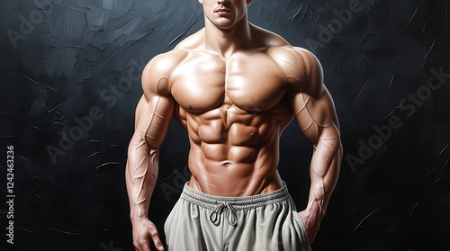 Aesthetic muscular male athlete with a ripped physique posing confidently. Defined six-pack abs and sculpted chest highlight dedication to bodybuilding, strength, and fitness lifestyle.