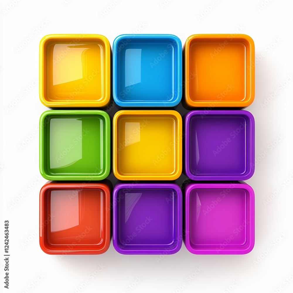 Colorful Glossy Square Containers in Grid Pattern, Generative AI. Colorful Glossy Square Containers in Grid Pattern, Generative AI.