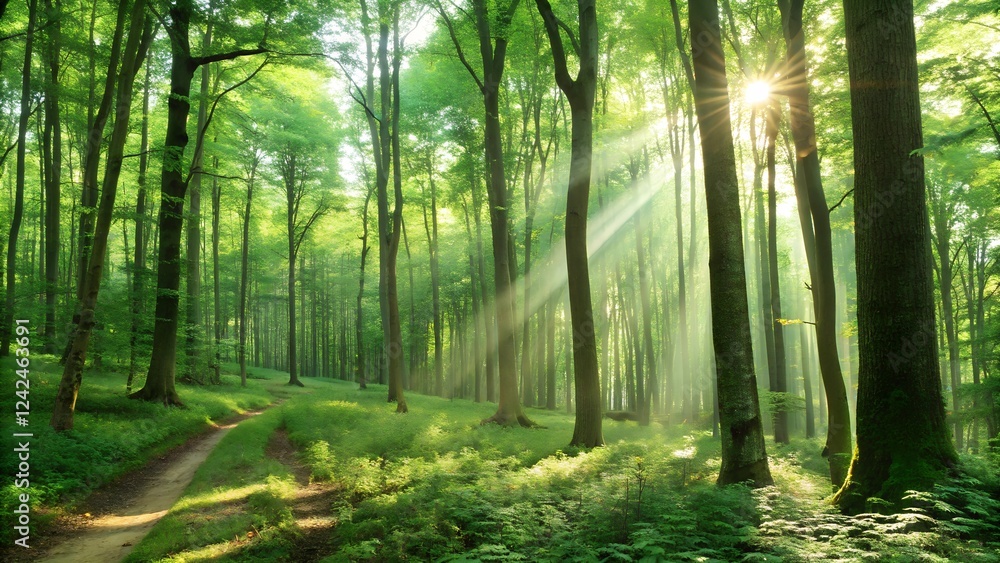 Obraz premium Morning light in the misty forest with trees and a peaceful path through the woods