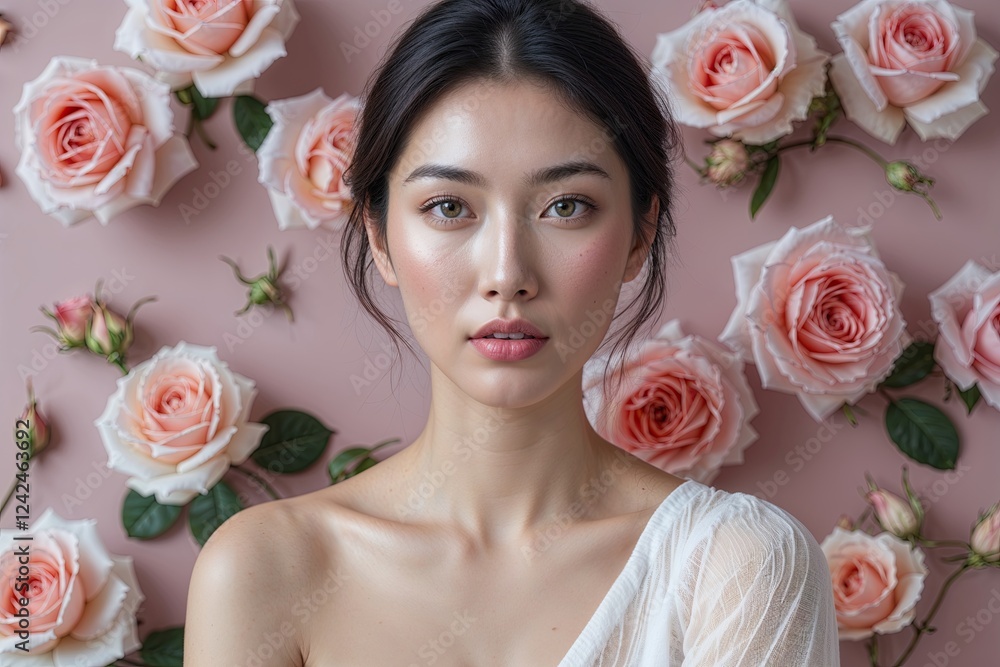 Naklejka premium Elegant Young Asian Woman with Flawless Skin Against Soft Rose Background for Beauty and Holistic Wellness Practices