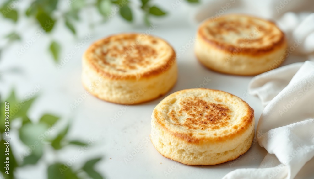 Three golden homemade English muffins displayed on a clean white table Three golden homemade English muffins displayed on a clean white table