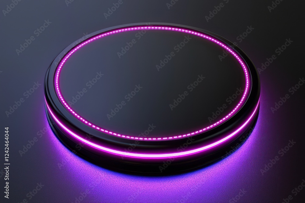 Obraz premium Reflective lighting enhances a vibrant circular embroidered badge mockup with glowing neon stitching in a sleek 3D space.