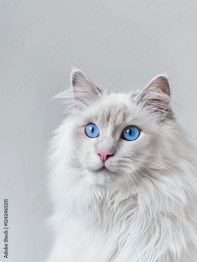 A white cat with striking blue eyes on a soft background