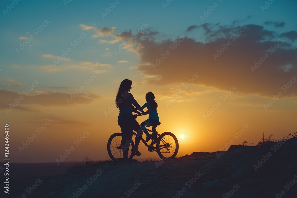 Fototapeta premium Silhouette of mother and daughter on bike at sunset. Perfect for family, bonding, and outdoor themes.