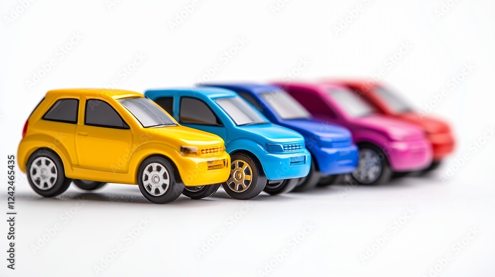 Colorful Toy Cars in a Row Against White Background, Generative AI. Colorful Toy Cars in a Row Against White Background, Generative AI.