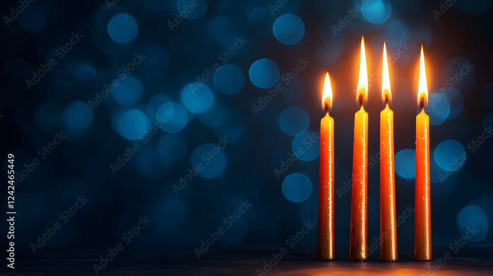 Four Lit Candles Against a Dark Blue Bokeh Background Four Lit Candles Against a Dark Blue Bokeh Background