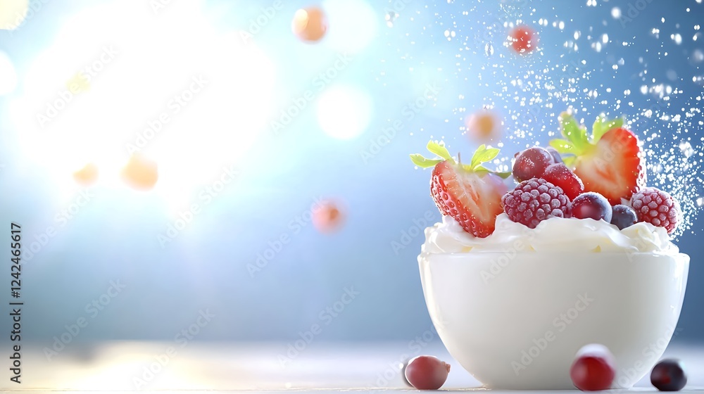 Fresh Berries and Whipped Cream in White Bowl Fresh Berries and Whipped Cream in White Bowl