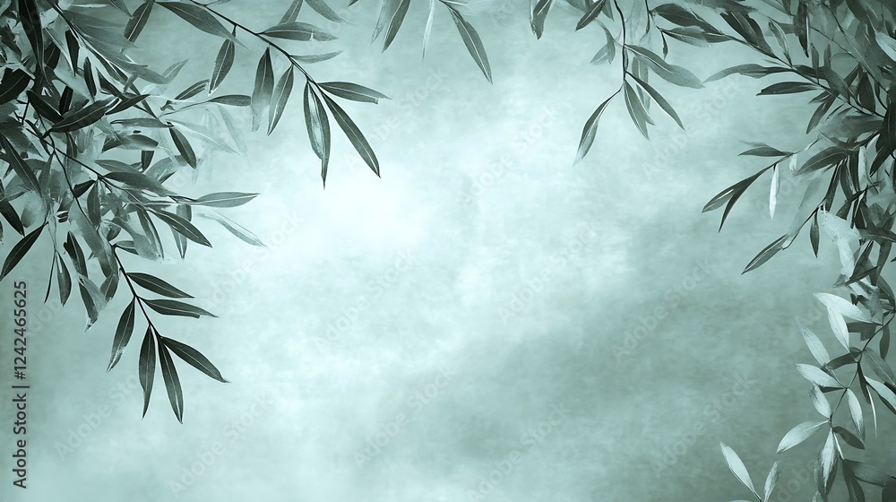 Olive branches frame misty sky; nature background Olive branches frame misty sky; nature background