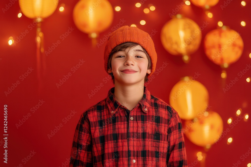 Teenager builds simple background in studio with New Year atmosphere, orange-red color, full body photo, lantern Teenager builds simple background in studio with New Year atmosphere, orange-red color, full body photo, lantern