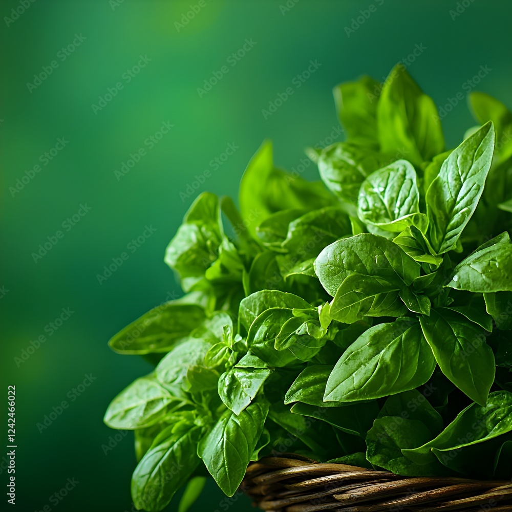 Fresh Green Basil Leaves in Rustic Basket Fresh Green Basil Leaves in Rustic Basket