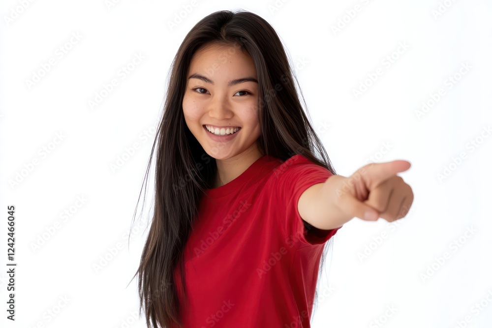 The picture shows a 25-year-old Asian woman with long hair, pointing her right hand forward. She is wearing a red t-shirt and jeans, with a joyful and excited expression on her face. The picture shows a 25-year-old Asian woman with long hair, pointing her right hand forward. She is wearing a red t-shirt and jeans, with a joyful and excited expression on her face.