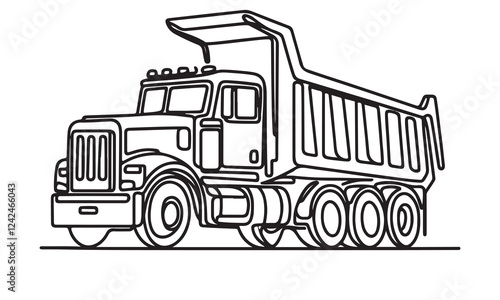 continuous one single black line art doodle drawing of dump truck illustration on white background