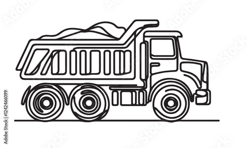 continuous one single black line art doodle drawing of dump truck illustration on white background