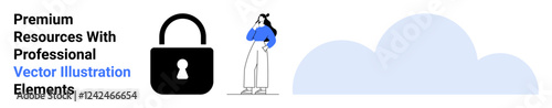 Woman thinking beside locked padlock and cloud. Ideal for data security, privacy, cloud computing, access, internet safety, user protection, flat landing page banner