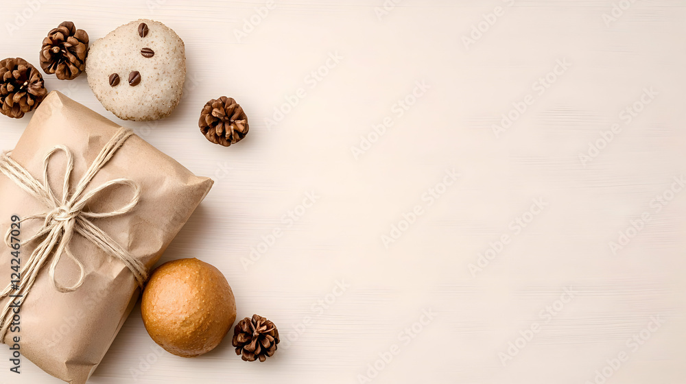 Wrapped gift with baked goods & pine cones on wood Wrapped gift with baked goods & pine cones on wood