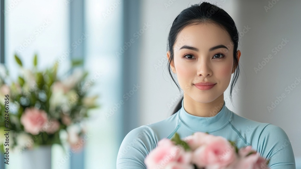 Young woman holding pink bouquet in bright modern interior space Young woman holding pink bouquet in bright modern interior space