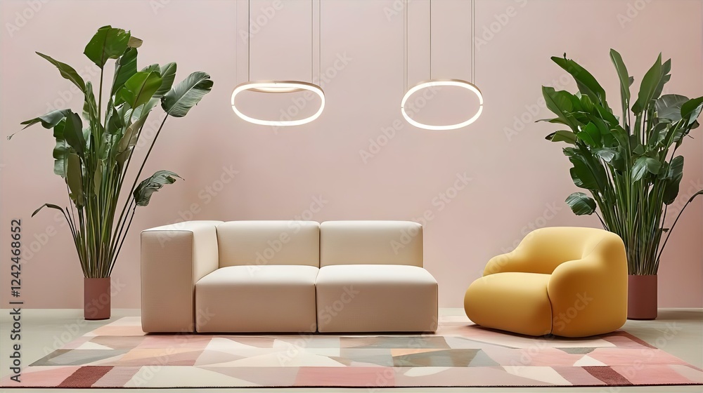 Modern Minimalist Living Room Design: Beige Modular Sofa, Yellow Armchair, Oval Pendant Lights, Tropical Plants, Geometric Rug Modern Minimalist Living Room Design: Beige Modular Sofa, Yellow Armchair, Oval Pendant Lights, Tropical Plants, Geometric Rug