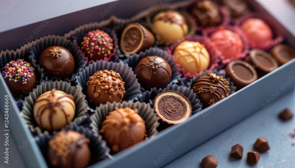 A selection of rich chocolate pralines in a beautifully packaged box A selection of rich chocolate pralines in a beautifully packaged box