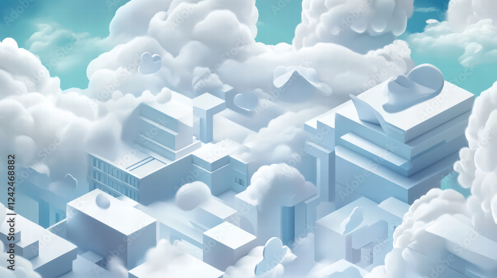 Fototapeta premium Innovative isometric design of cloud data processing with abstract structures and soft clouds, creating serene and futuristic atmosphere