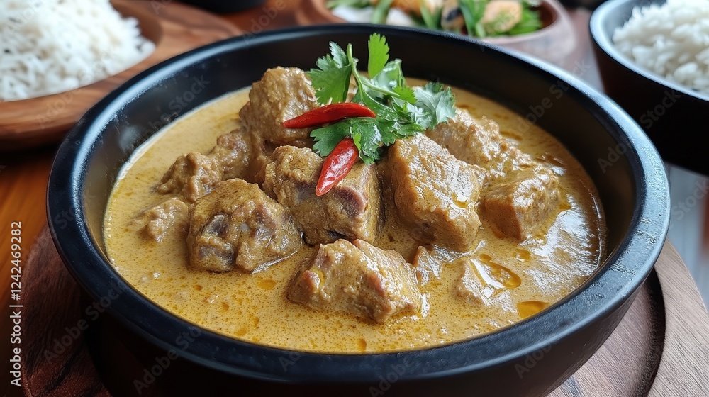 Rich, creamy curry with tender chunks of meat, garnished with cilantro and chilies. Perfect for food blogs, recipe websites, or illustrating delicious meals. Rich, creamy curry with tender chunks of meat, garnished with cilantro and chilies. Perfect for food blogs, recipe websites, or illustrating delicious meals.
