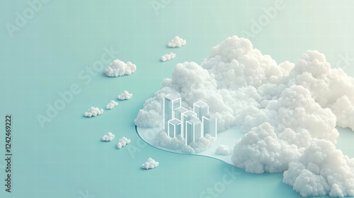 Innovative isometric design of cloud data processing with abstract buildings surrounded by fluffy clouds, creating serene digital landscape