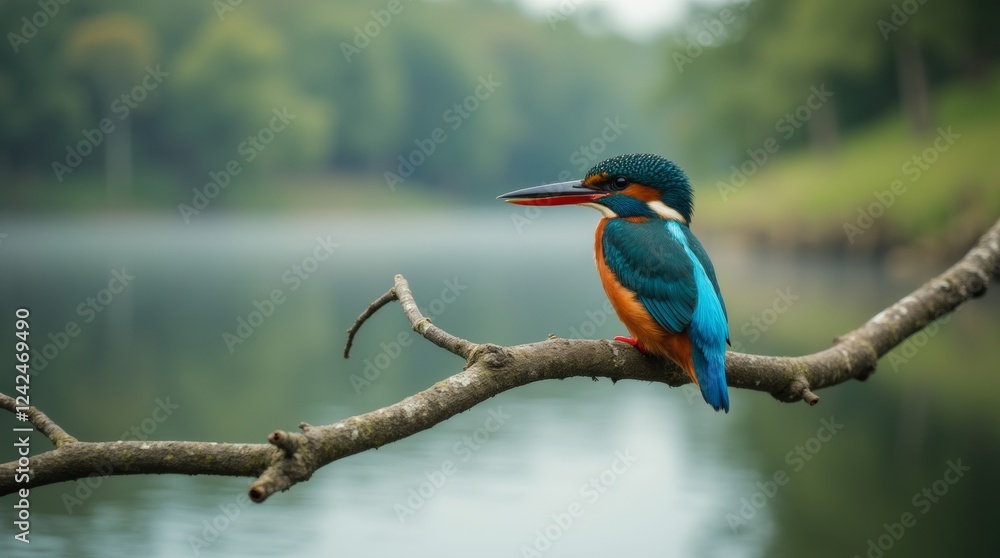 A close-up shot of a kingfisher perched on a branch overhanging the water A close-up shot of a kingfisher perched on a branch overhanging the water
