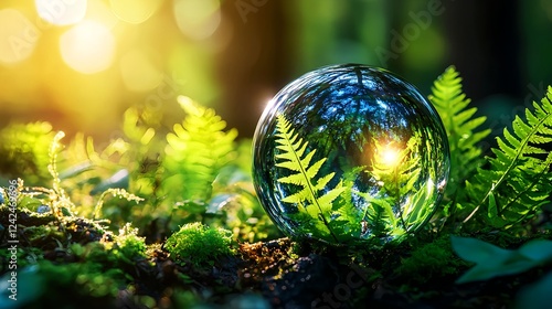 Glass Sphere Reflecting Ferns in a Lush Green Forest photo