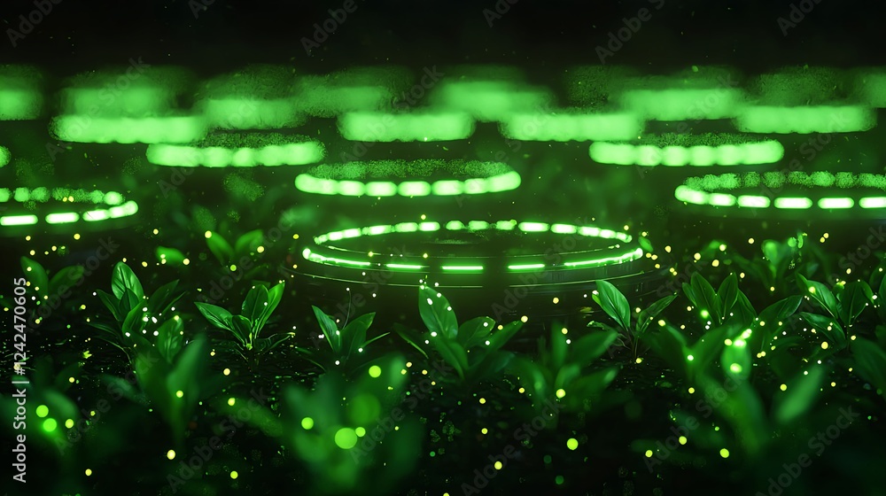 Naklejka premium Glowing Green Rings Above Lush Green Plants
