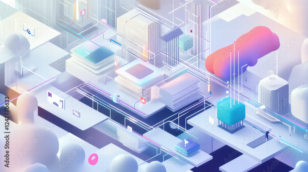 Isometric illustration of futuristic cityscape with cloud technology, featuring abstract buildings, data connections, and vibrant colors, creating sense of innovation and digital transformation Isometric illustration of futuristic cityscape with cloud technology, featuring abstract buildings, data connections, and vibrant colors, creating sense of innovation and digital transformation