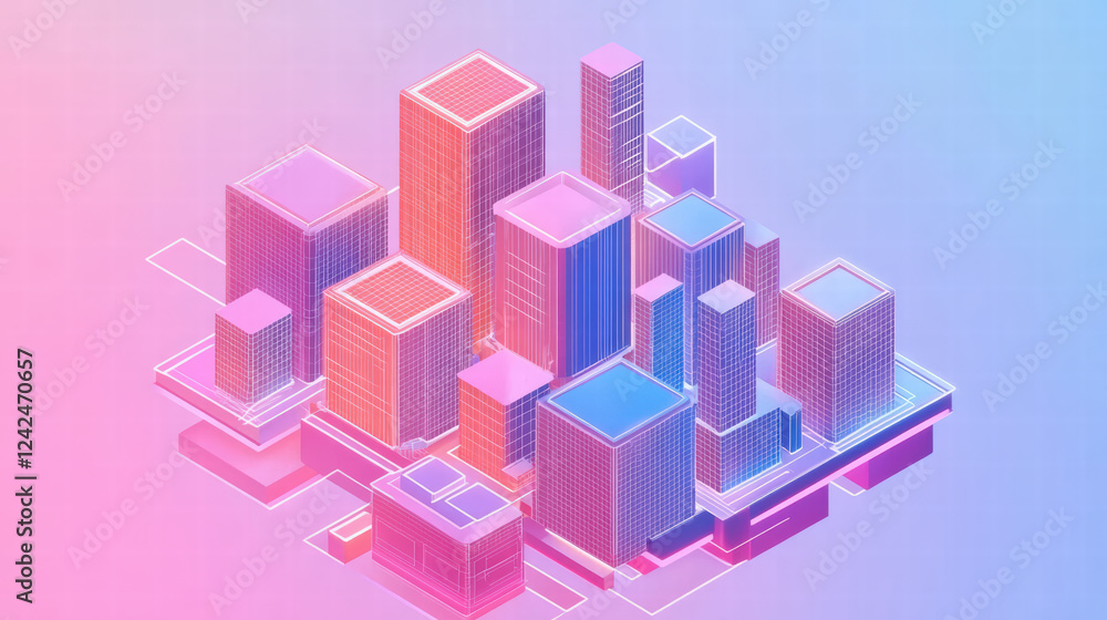 Fototapeta premium Isometric cityscape with colorful buildings and modern architecture