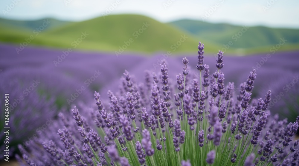 Obraz premium A shot of a lavender field, with a blurred background of a rolling and green hillside.