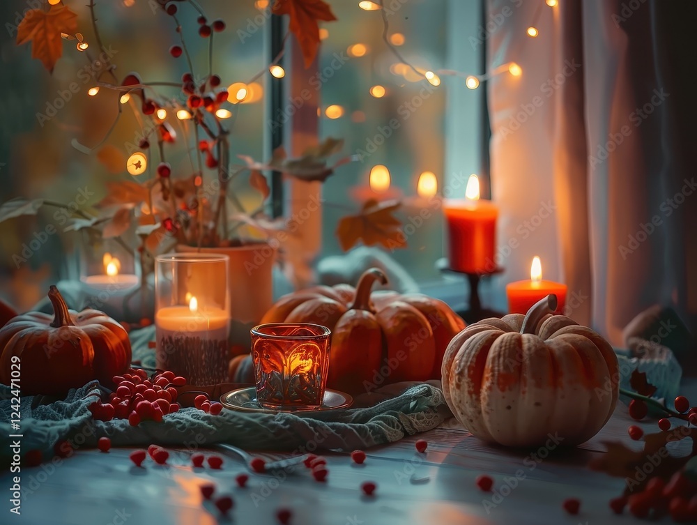 Cozy Autumn Table Setting with Pumpkins and Soft Candlelight Cozy Autumn Table Setting with Pumpkins and Soft Candlelight