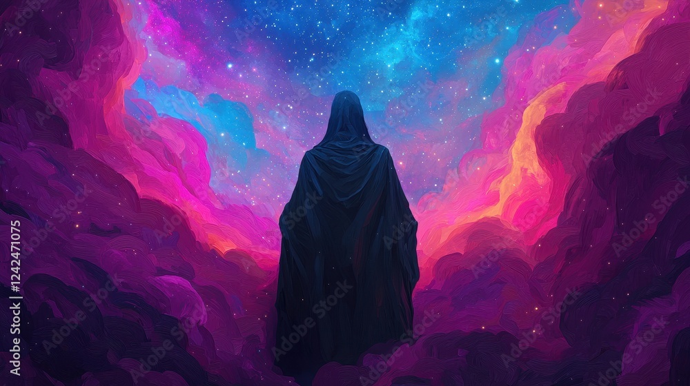 Mysterious Figure Stands Before Stunning Cosmic Landscape at Night Mysterious Figure Stands Before Stunning Cosmic Landscape at Night