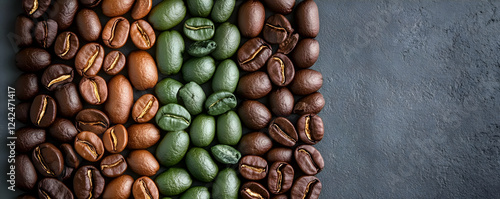 A vibrant arrangement of various coffee beans on a textured surface. photo