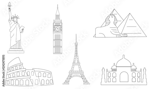 Global tourist attractions line art