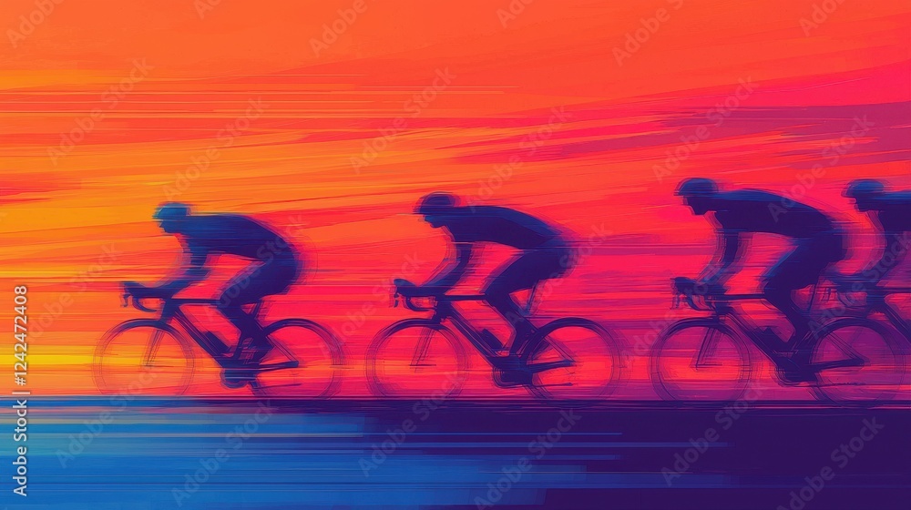 Fototapeta premium Cyclists Racing Against a Vibrant Sunset Sky in Motion Blur Effect