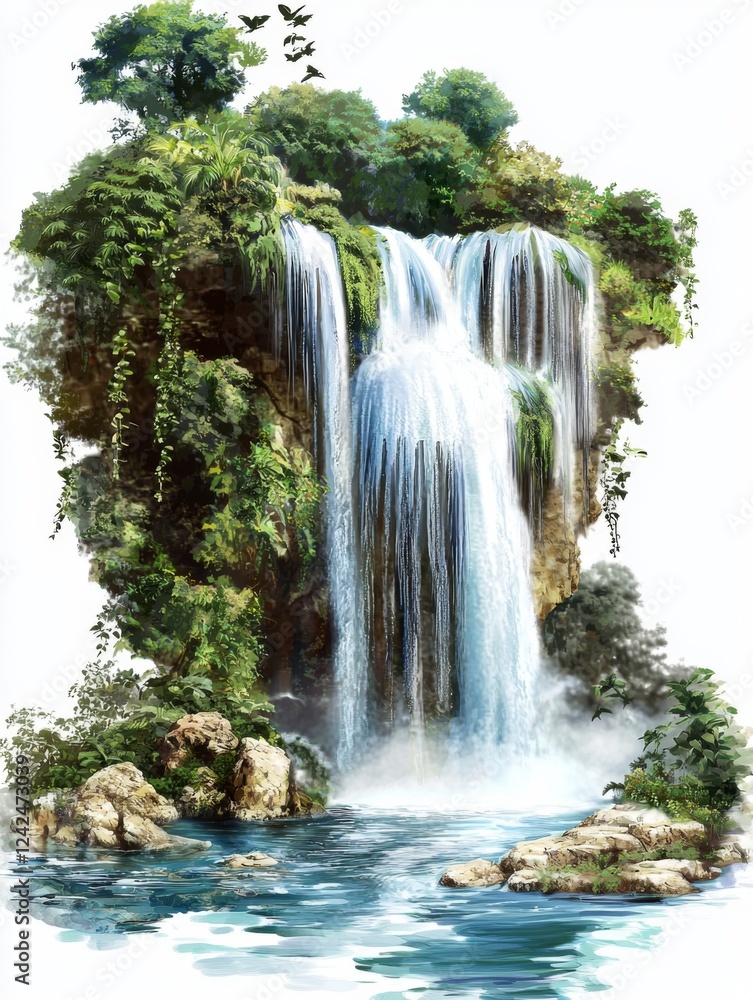 Naklejka premium Majestic Waterfall Surrounded by Lush Greenery in an Idyllic Natural Setting with Elegant Rock Formations