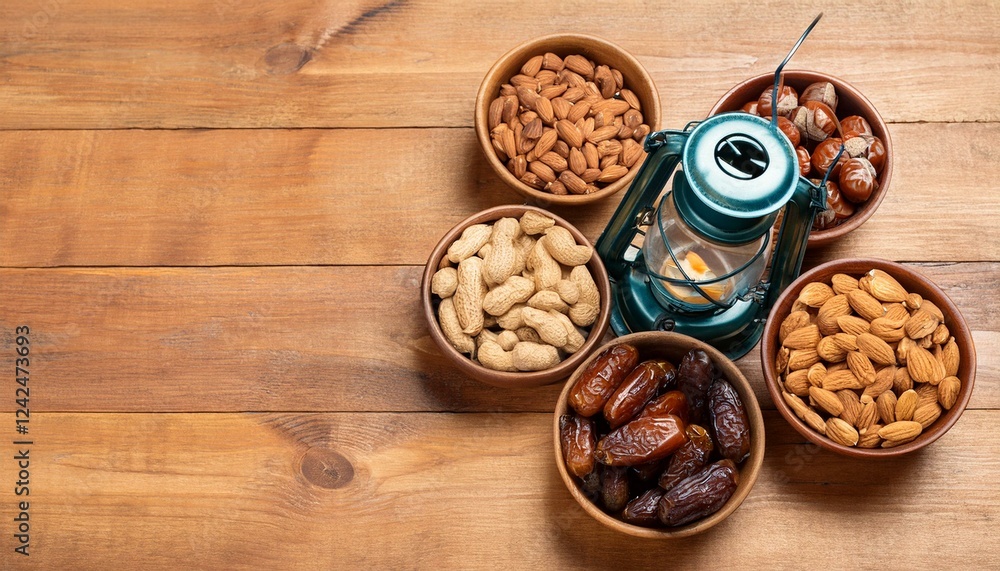 Assorted nuts and dates arranged on wooden table with lantern. Assorted nuts and dates arranged on wooden table with lantern.