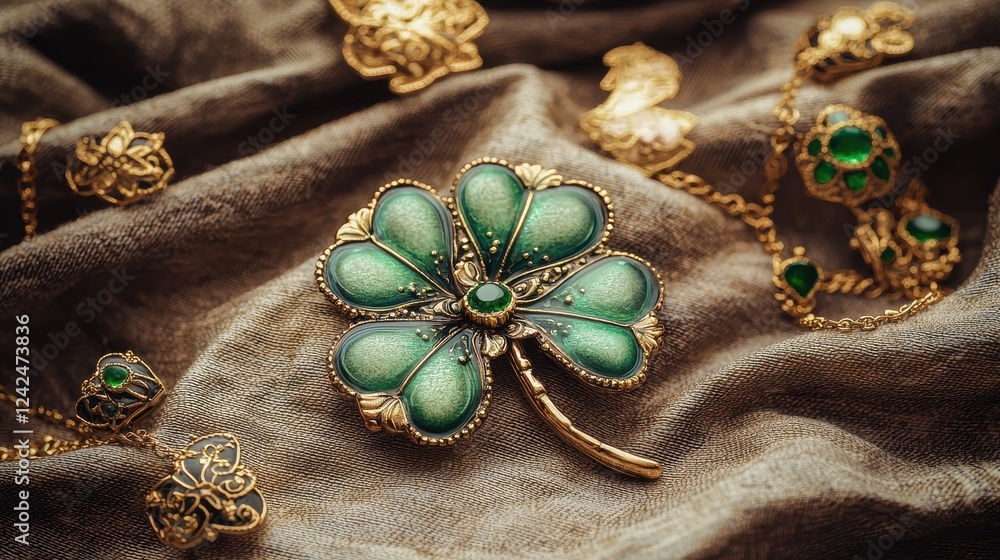 Fototapeta premium Elegant Green Shamrock Brooch with Gold Detailing on Soft Fabric Background